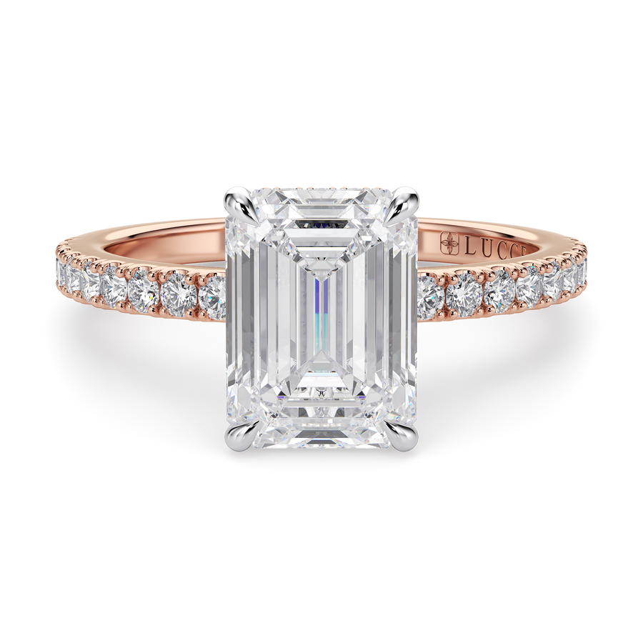 Load image into Gallery viewer, LUCCE High Setting Pavé Emerald Diamond or Gemstone Engagement Ring with Hidden Halo in Gold or Platinum
