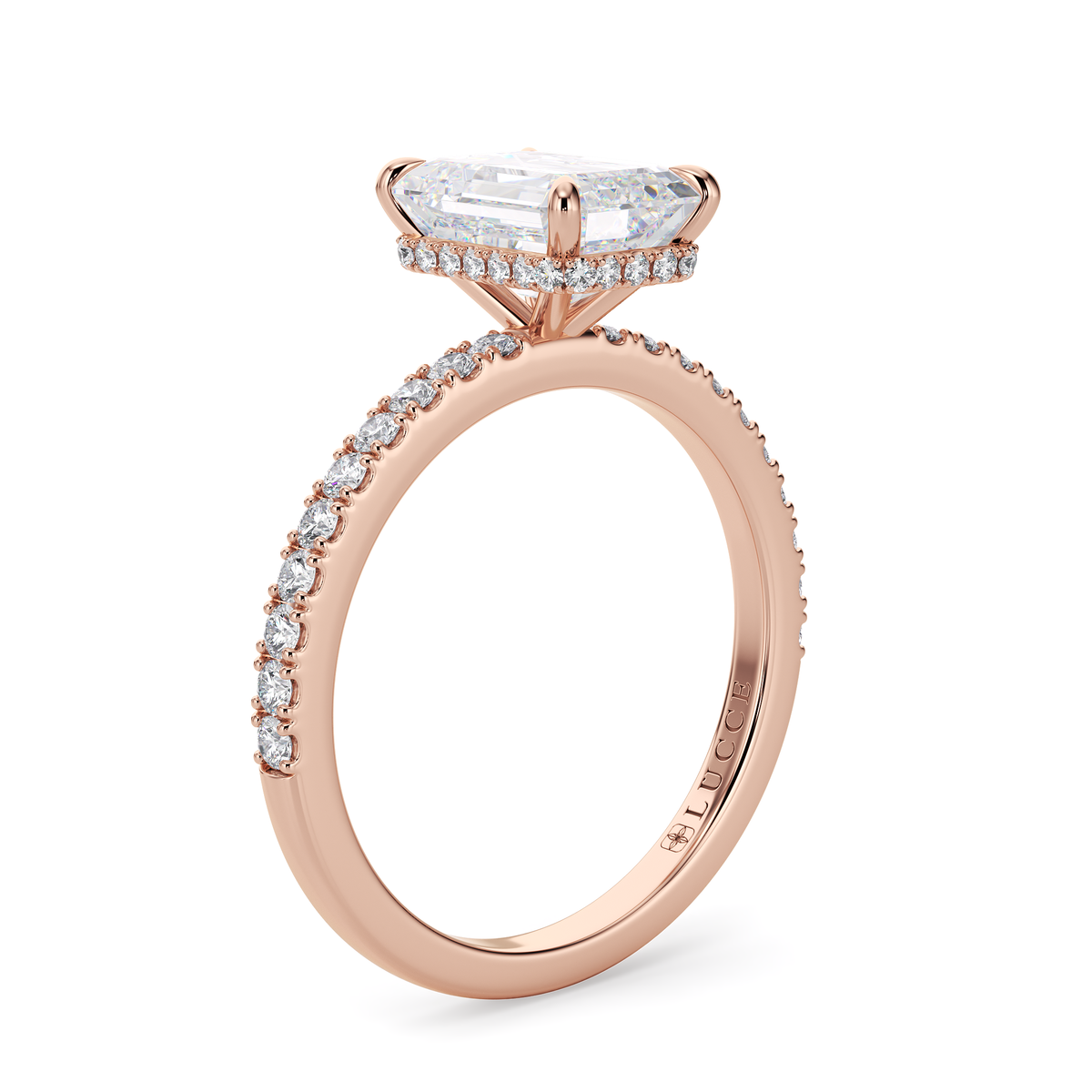 Load image into Gallery viewer, LUCCE High Setting Pavé Emerald Diamond or Gemstone Engagement Ring with Hidden Halo in Gold or Platinum
