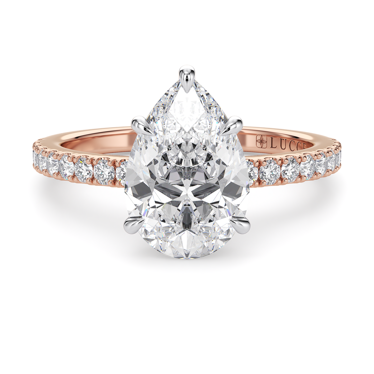 Load image into Gallery viewer, LUCCE High Setting Pavé Pear Diamond or Gemstone Engagement Ring with Hidden Halo in Gold or Platinum
