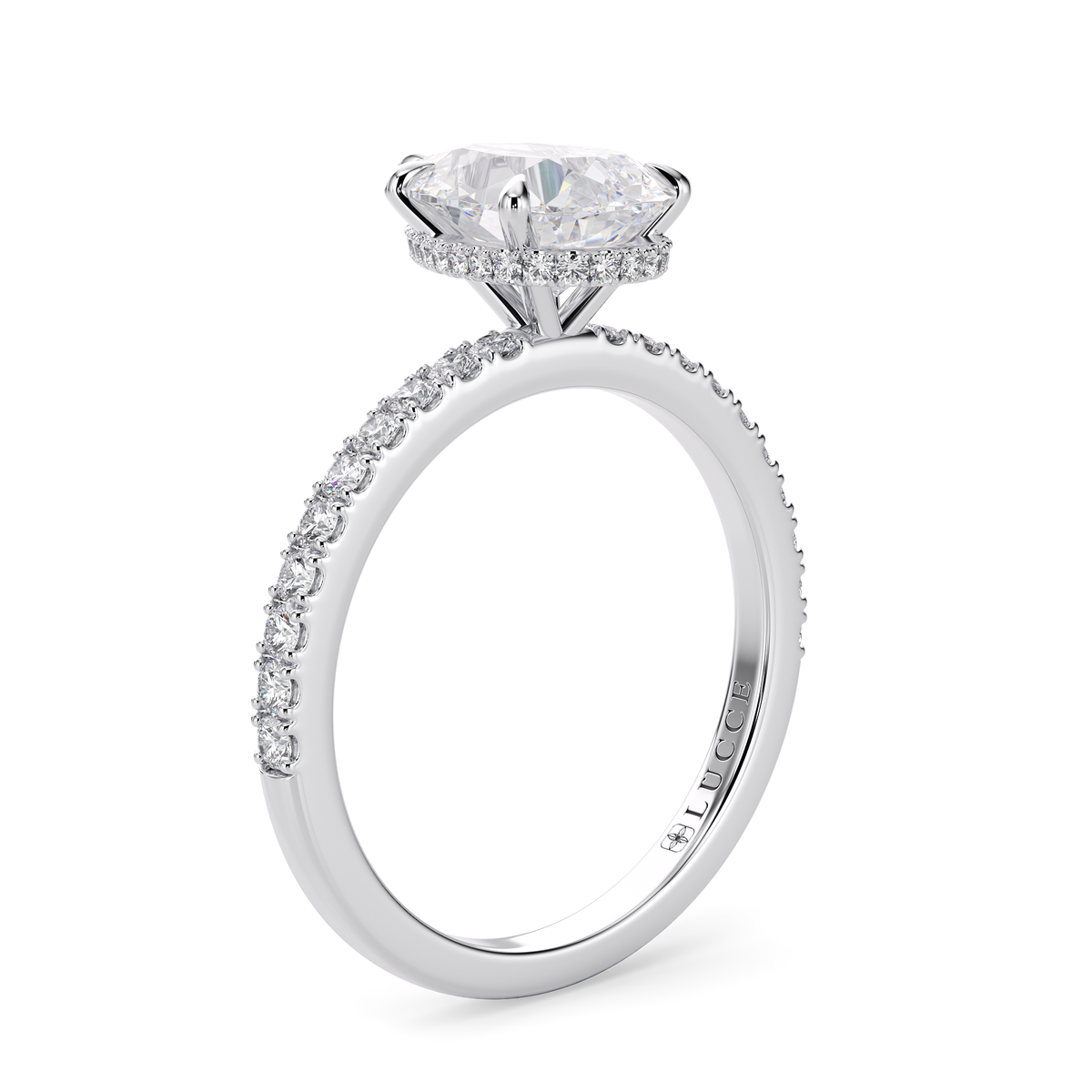Load image into Gallery viewer, LUCCE High Setting Pavé Pear Diamond or Gemstone Engagement Ring with Hidden Halo in Gold or Platinum
