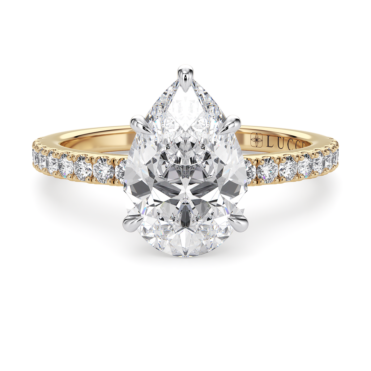Load image into Gallery viewer, LUCCE High Setting Pavé Pear Diamond or Gemstone Engagement Ring with Hidden Halo in Gold or Platinum
