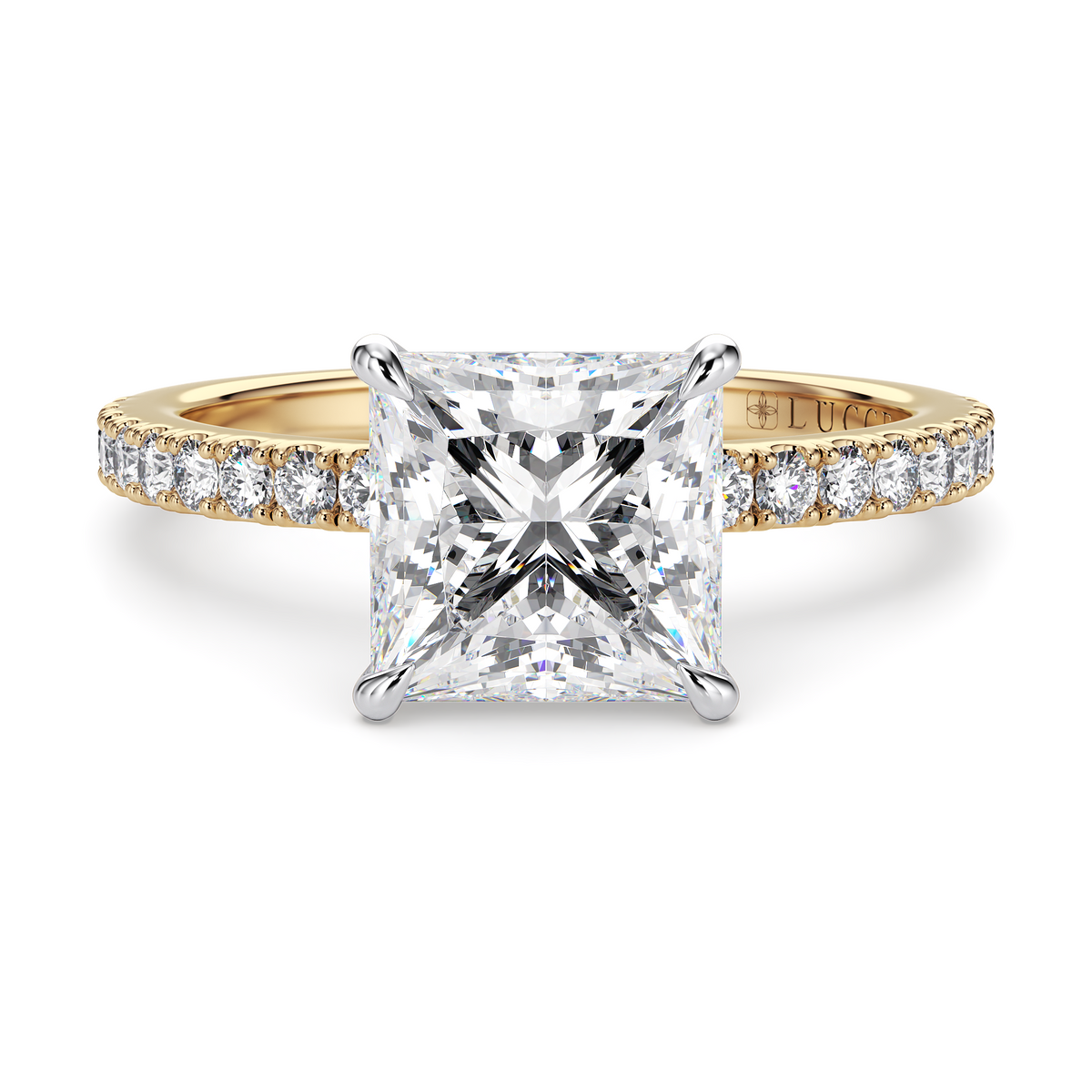 Load image into Gallery viewer, LUCCE High Setting Pavé Princess Diamond or Gemstone Engagement Ring with Hidden Halo in Gold or Platinum
