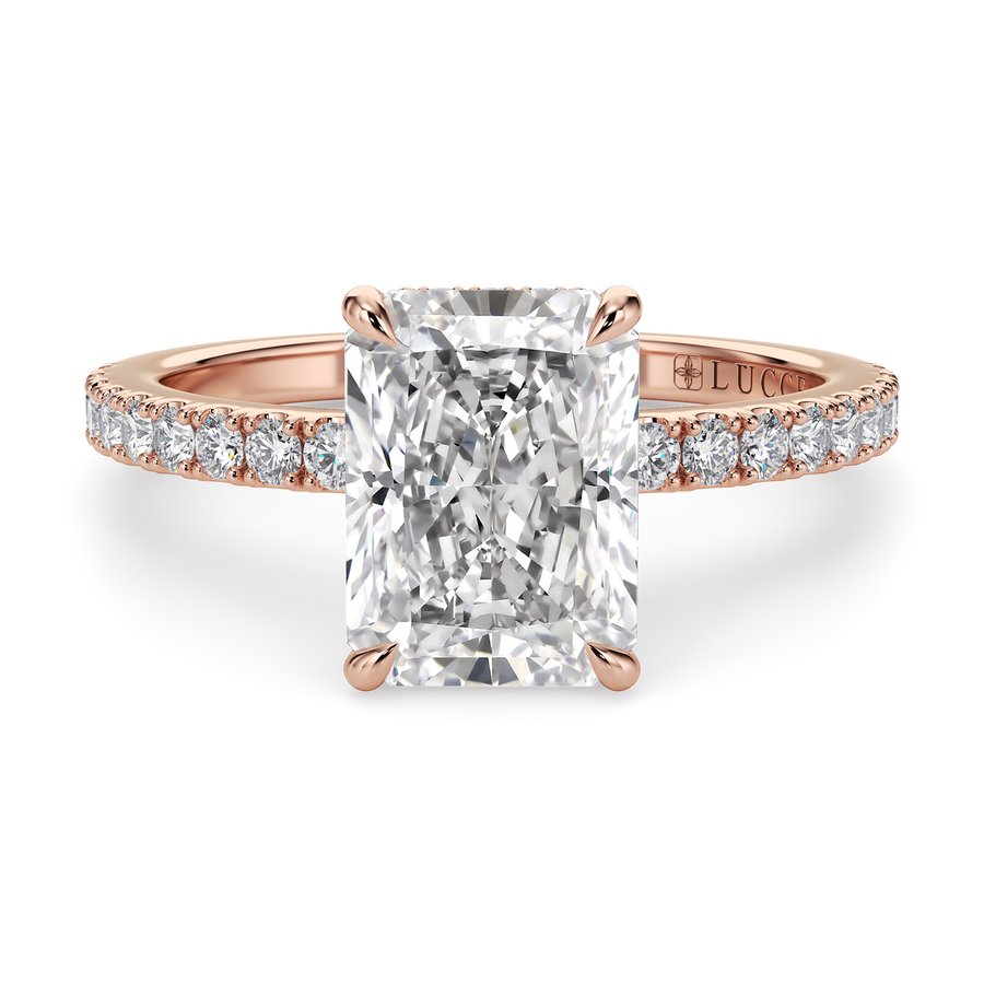 Load image into Gallery viewer, LUCCE High Setting Pavé Radiant Diamond or Gemstone Engagement Ring with Hidden Halo in Gold or Platinum
