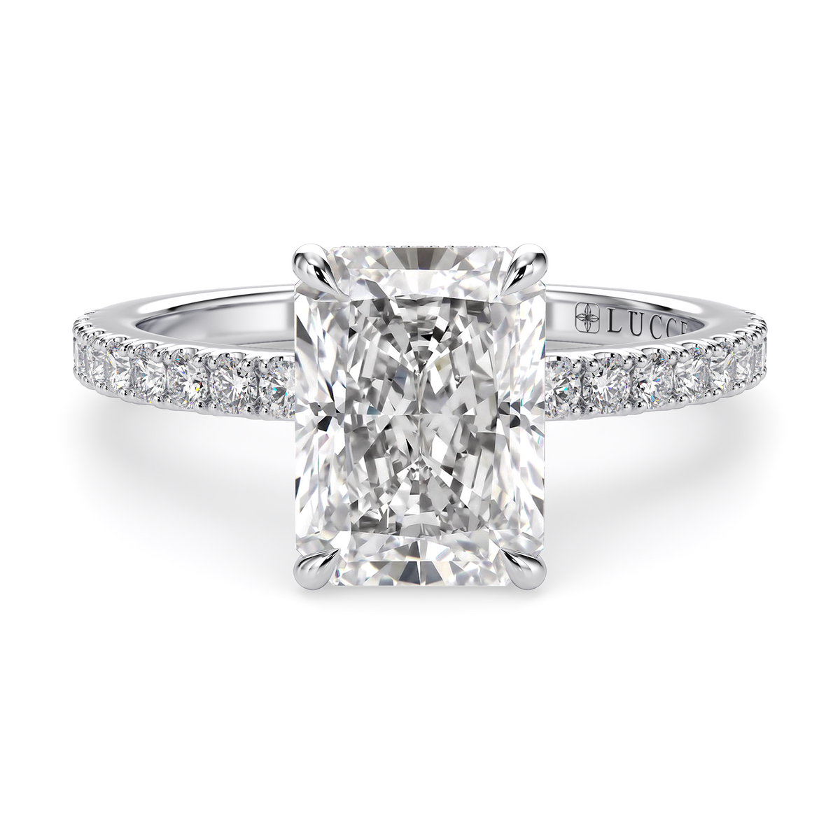 Load image into Gallery viewer, LUCCE High Setting Pavé Radiant Diamond or Gemstone Engagement Ring with Hidden Halo in Gold or Platinum
