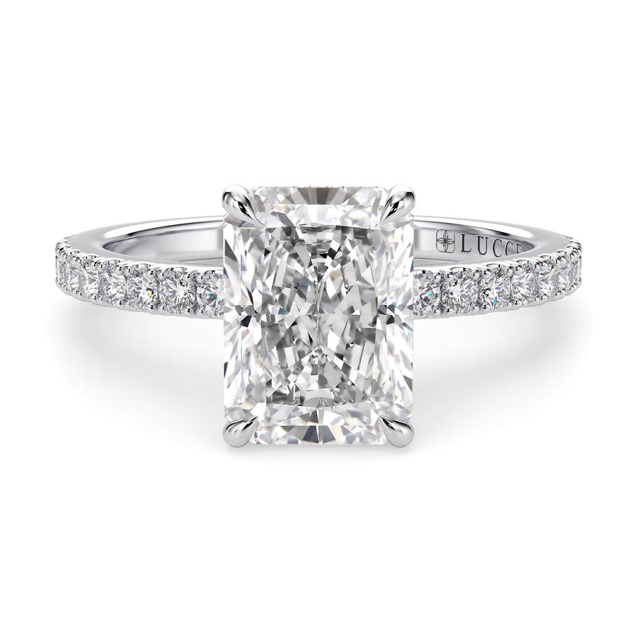 Load image into Gallery viewer, LUCCE High Setting Pavé Radiant Diamond or Gemstone Engagement Ring with Hidden Halo in Gold or Platinum
