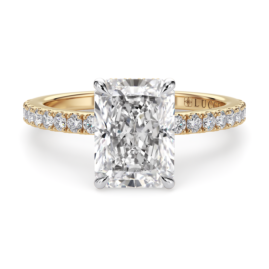 Load image into Gallery viewer, LUCCE High Setting Pavé Radiant Diamond or Gemstone Engagement Ring with Hidden Halo in Gold or Platinum
