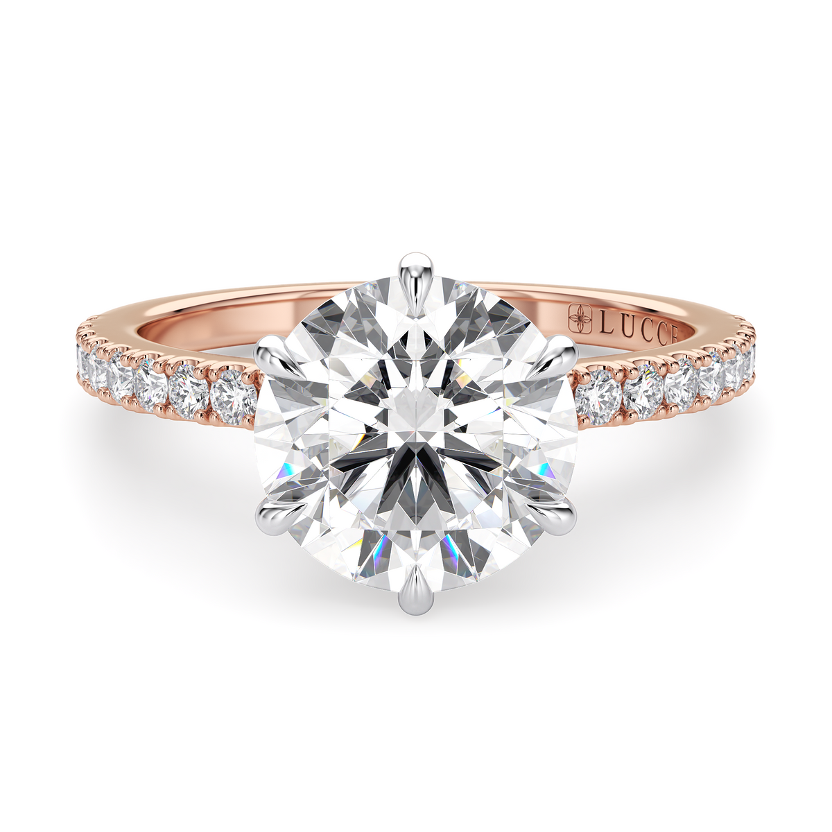 Load image into Gallery viewer, LUCCE High Setting Pavé Round Diamond or Gemstone Engagement Ring with Hidden Halo in Gold or Platinum
