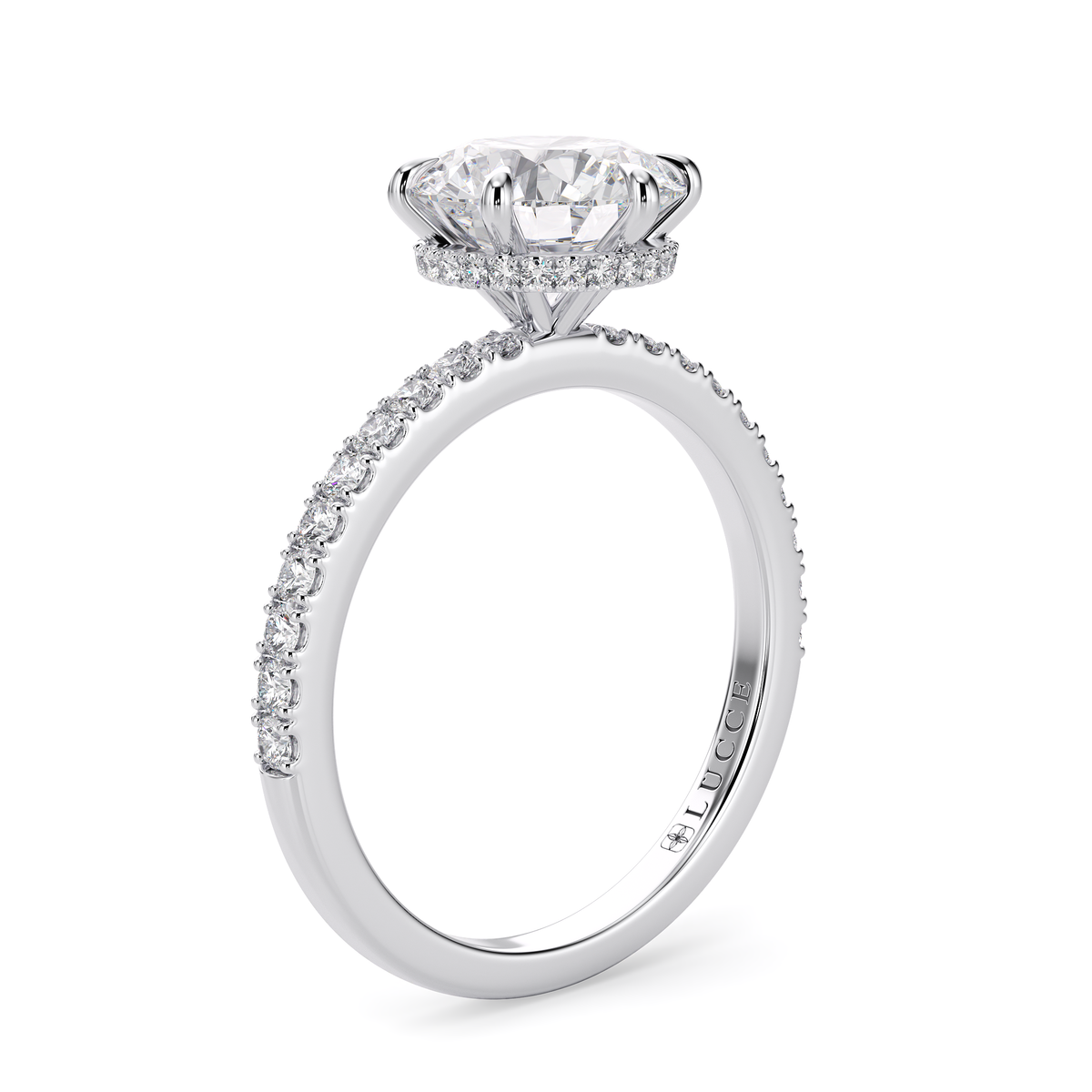 Load image into Gallery viewer, LUCCE High Setting Pavé Round Diamond or Gemstone Engagement Ring with Hidden Halo in Gold or Platinum
