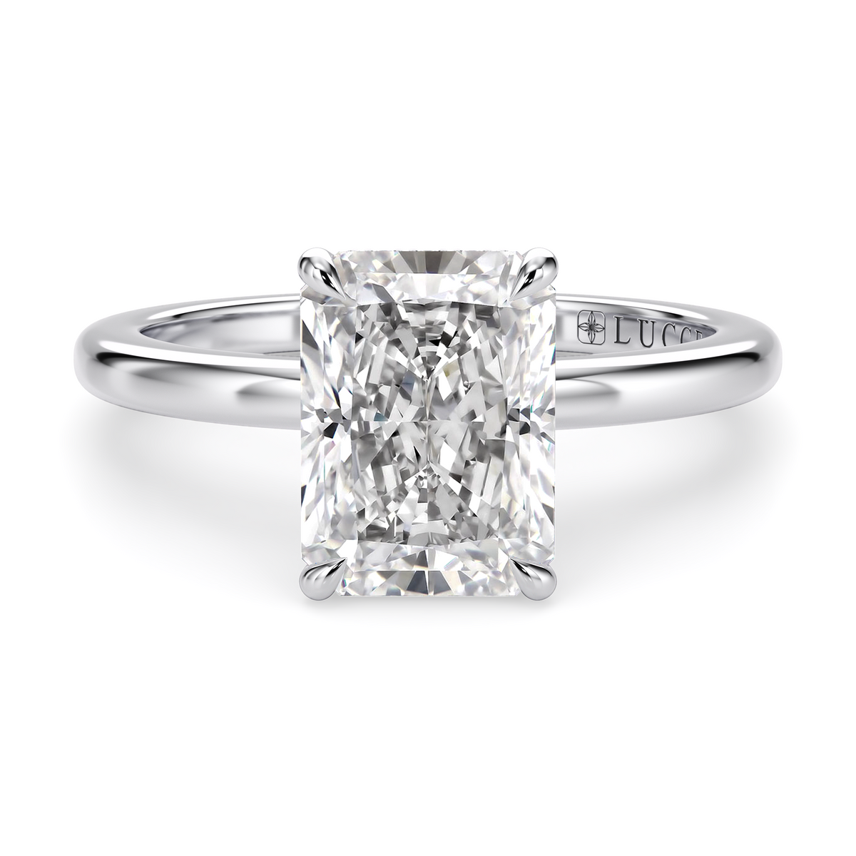 Load image into Gallery viewer, LUCCE High Setting Solitaire Radiant Diamond or Gemstone Engagement Ring with Hidden Halo in Gold or Platinum
