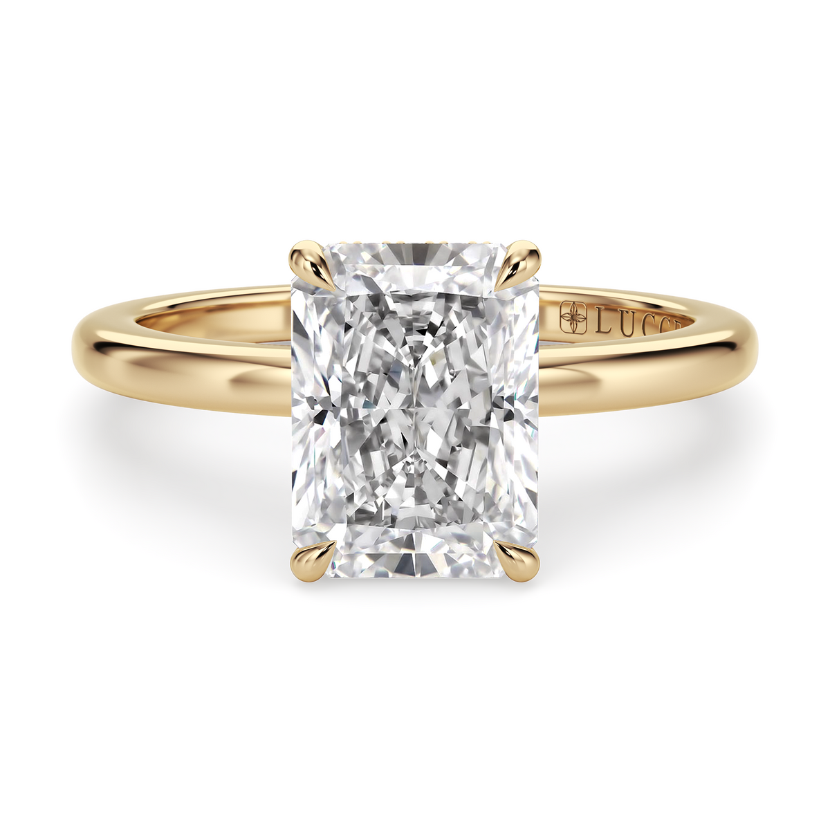 Load image into Gallery viewer, LUCCE High Setting Solitaire Radiant Diamond or Gemstone Engagement Ring with Hidden Halo in Gold or Platinum

