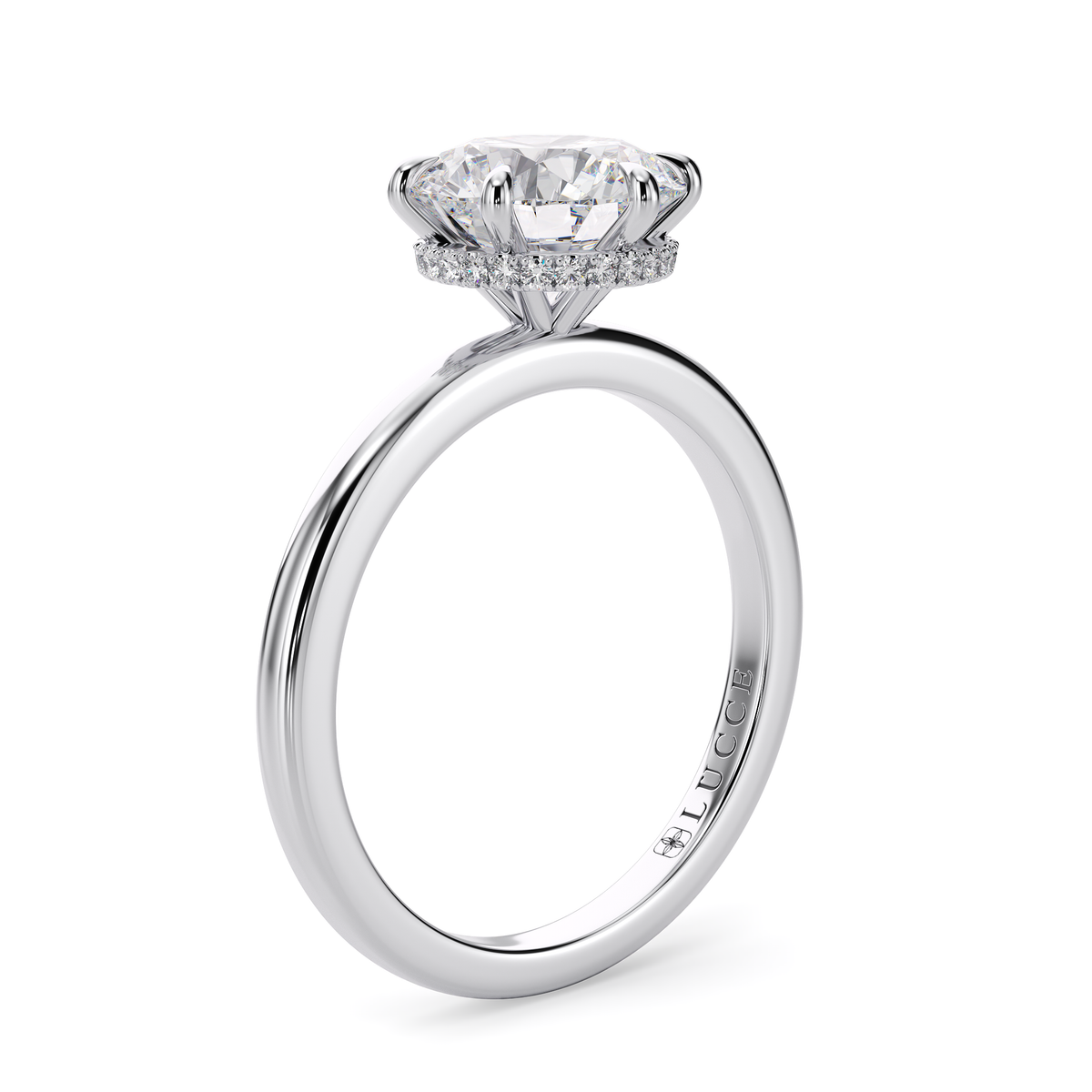 Load image into Gallery viewer, LUCCE High Setting Solitaire Round Diamond or Gemstone Engagement Ring with Hidden Halo in Gold or Platinum
