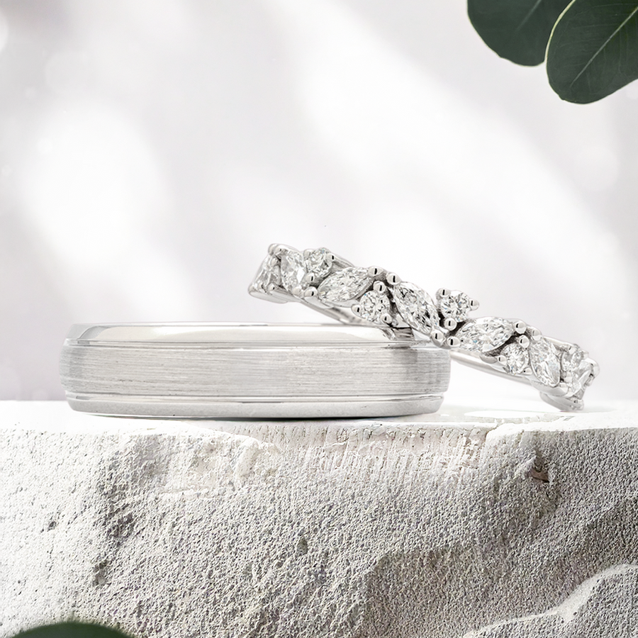 Load image into Gallery viewer, Semi-Domed Comfort Fit with Grooves and Brushed finish Unisex Wedding Ring in Gold or Plartinum
