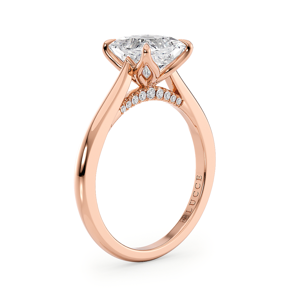 Load image into Gallery viewer, LUCCE Cathedral Cushion Diamond Solitaire Engagement Ring with Petal Prongs and Hidden Accent Stones in Gold or Platinum
