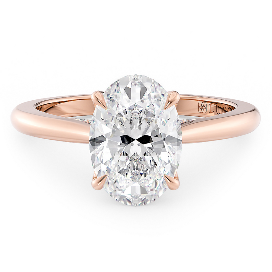 Load image into Gallery viewer, LUCCE Cathedral Oval Diamond Solitaire Engagement Ring with Petal Prongs and Hidden Accent Stones in Gold or Platinum
