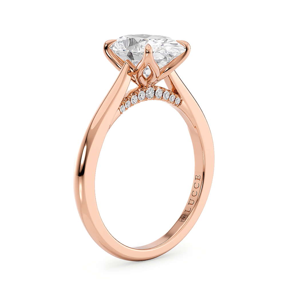 Load image into Gallery viewer, LUCCE Cathedral Oval Diamond Solitaire Engagement Ring with Petal Prongs and Hidden Accent Stones in Gold or Platinum
