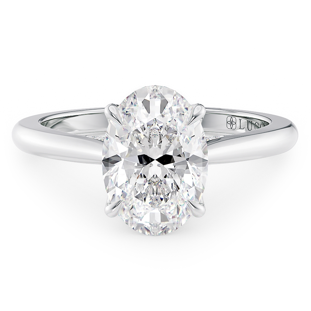 Load image into Gallery viewer, LUCCE Cathedral Oval Diamond Solitaire Engagement Ring with Petal Prongs and Hidden Accent Stones in Gold or Platinum
