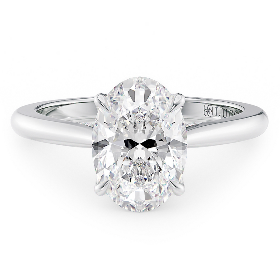Load image into Gallery viewer, LUCCE Cathedral Oval Diamond Solitaire Engagement Ring with Petal Prongs and Hidden Accent Stones in Gold or Platinum
