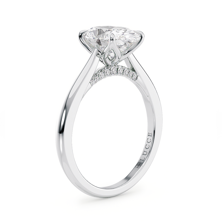 Load image into Gallery viewer, LUCCE Cathedral Oval Diamond Solitaire Engagement Ring with Petal Prongs and Hidden Accent Stones in Gold or Platinum
