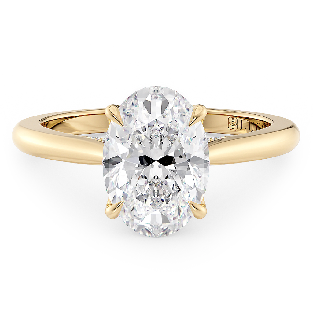 Load image into Gallery viewer, LUCCE Cathedral Oval Diamond Solitaire Engagement Ring with Petal Prongs and Hidden Accent Stones in Gold or Platinum
