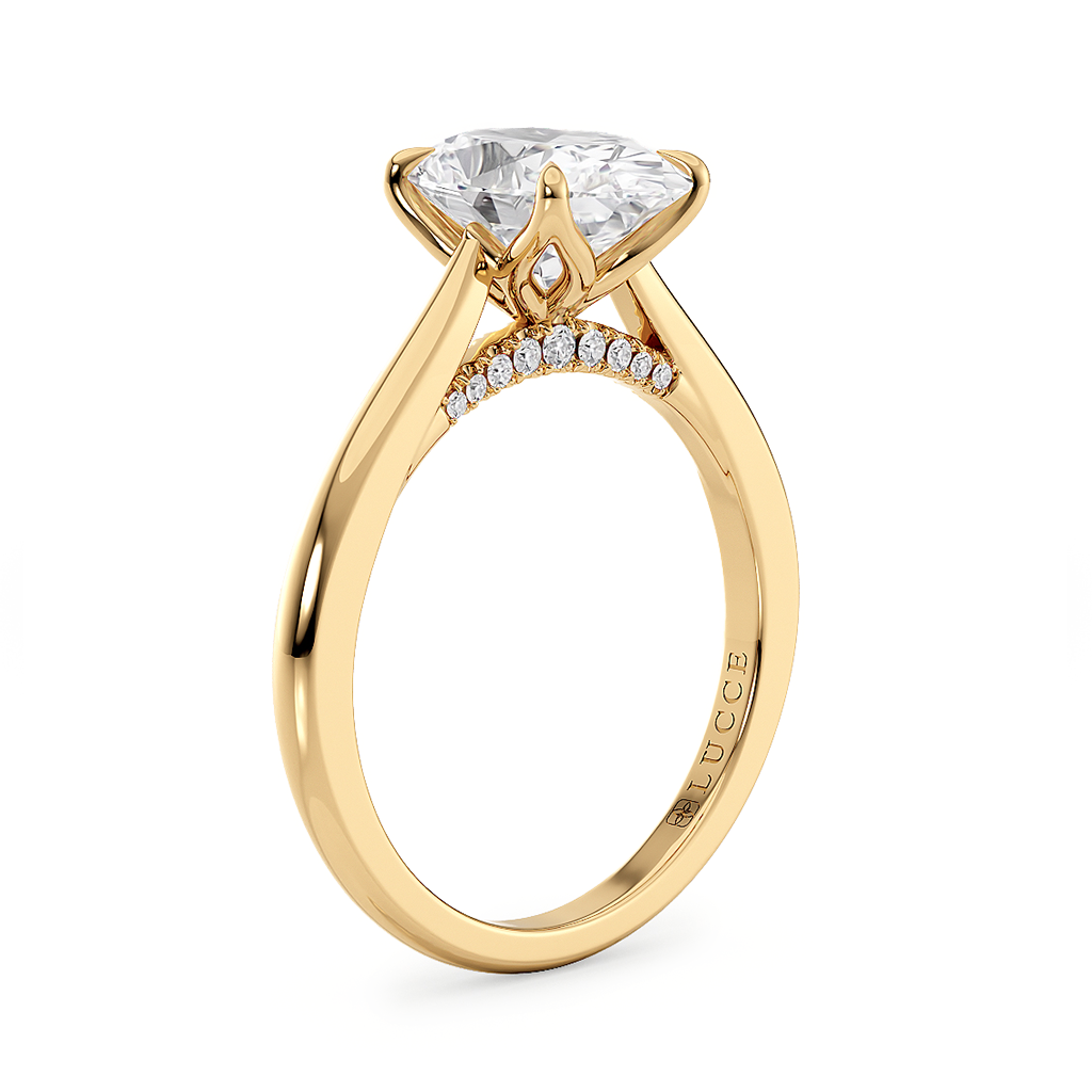 Load image into Gallery viewer, LUCCE Cathedral Oval Diamond Solitaire Engagement Ring with Petal Prongs and Hidden Accent Stones in Gold or Platinum
