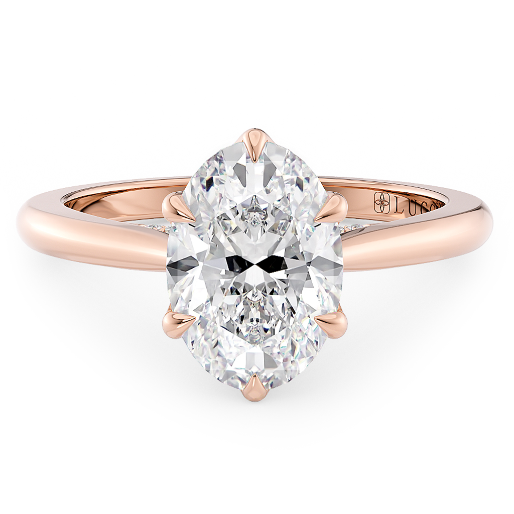 Load image into Gallery viewer, LUCCE Cathedral Oval Diamond Solitaire Engagement Ring with Petal Prongs and Hidden Accent Stones in Gold or Platinum
