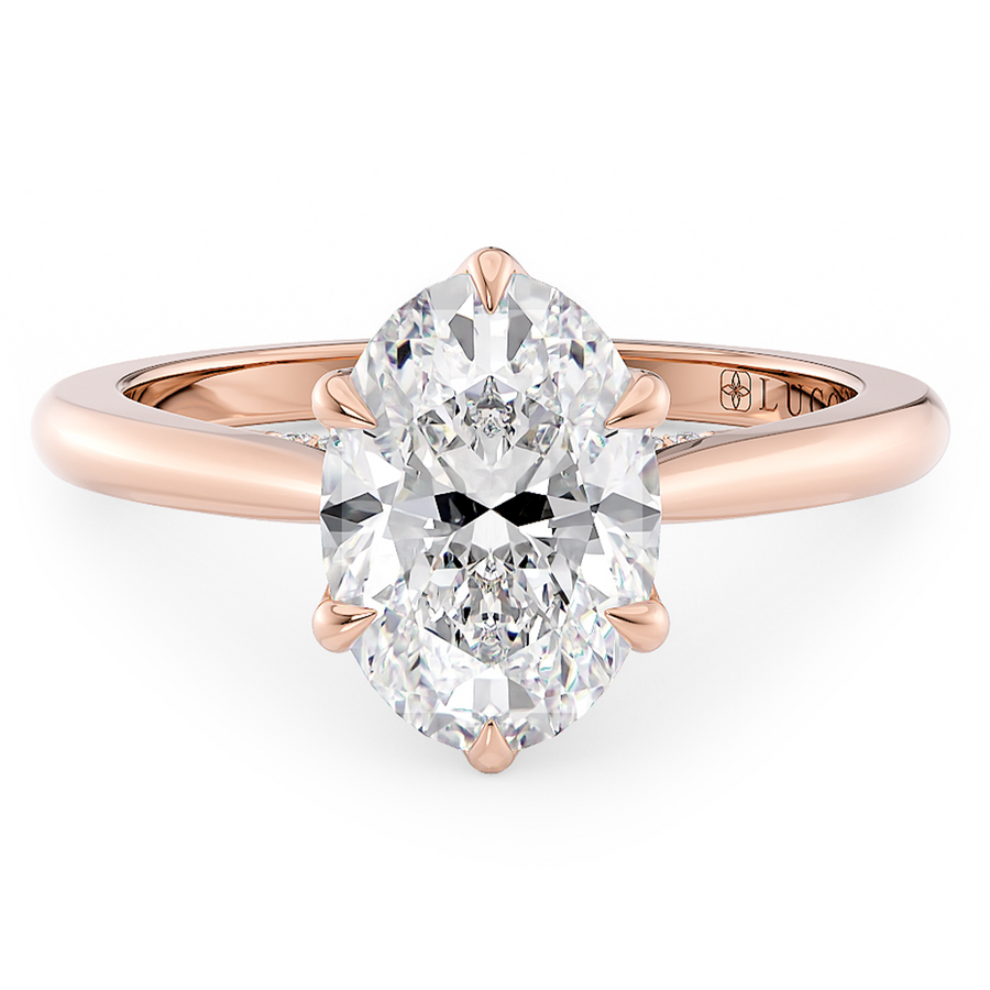 Load image into Gallery viewer, LUCCE Cathedral Oval Diamond Solitaire Engagement Ring with Petal Prongs and Hidden Accent Stones in Gold or Platinum
