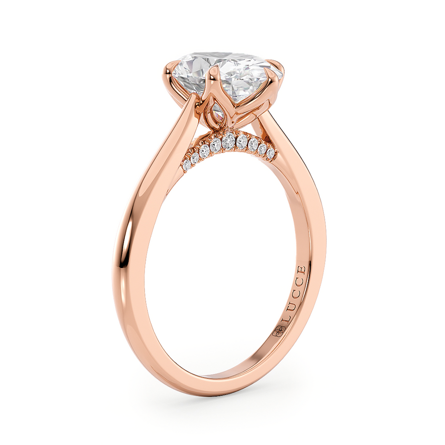 Load image into Gallery viewer, LUCCE Cathedral Oval Diamond Solitaire Engagement Ring with Petal Prongs and Hidden Accent Stones in Gold or Platinum
