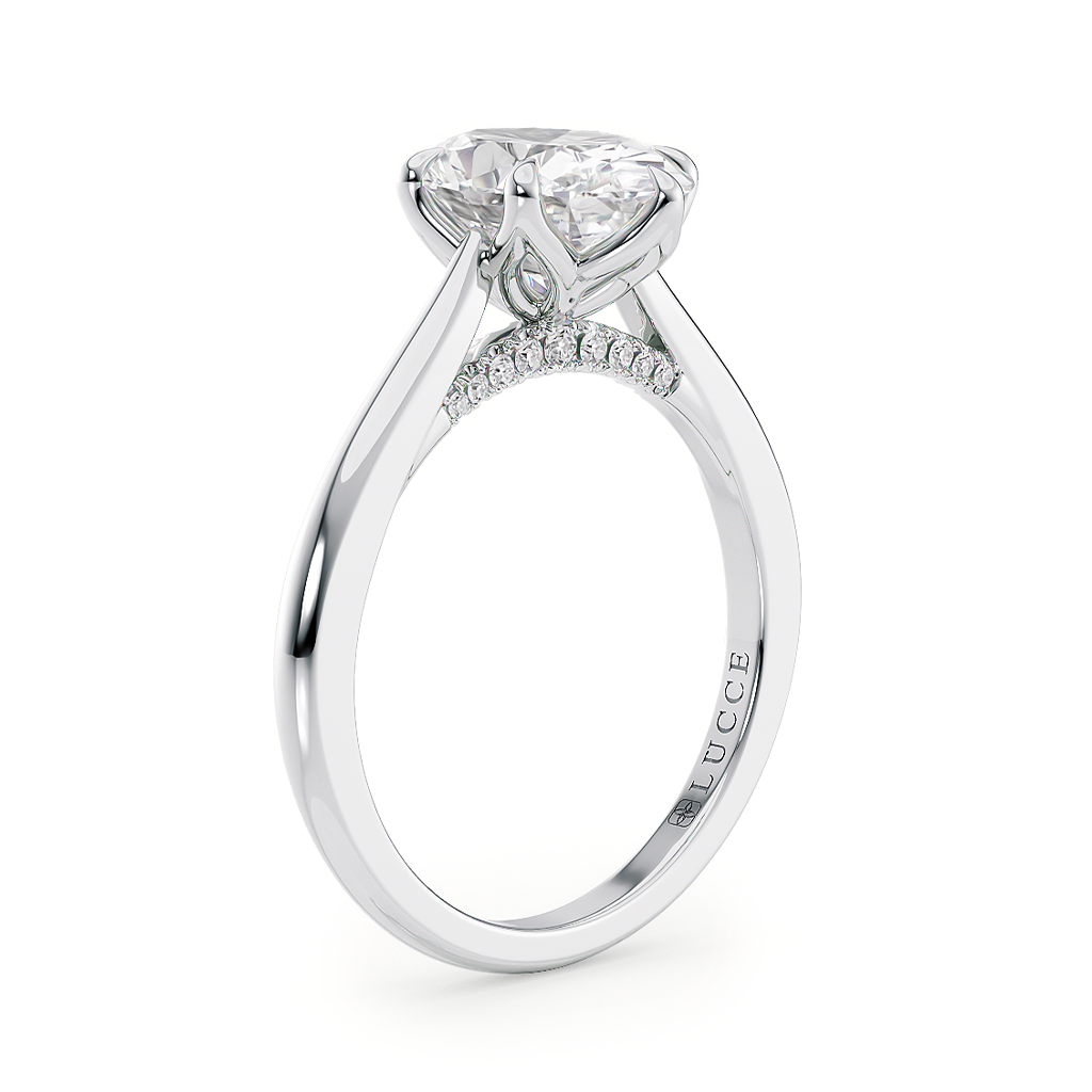 Load image into Gallery viewer, LUCCE Cathedral Oval Diamond Solitaire Engagement Ring with Petal Prongs and Hidden Accent Stones in Gold or Platinum
