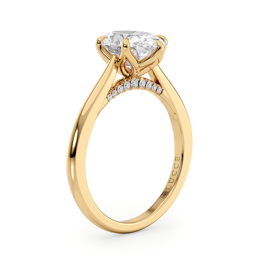 Load image into Gallery viewer, LUCCE Cathedral Oval Diamond Solitaire Engagement Ring with Petal Prongs and Hidden Accent Stones in Gold or Platinum
