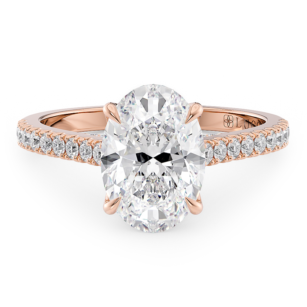 Load image into Gallery viewer, LUCCE Cathedral Oval Diamond Pavé Engagement Ring with Petal Prongs and Hidden Accent Stones in Gold or Platinum
