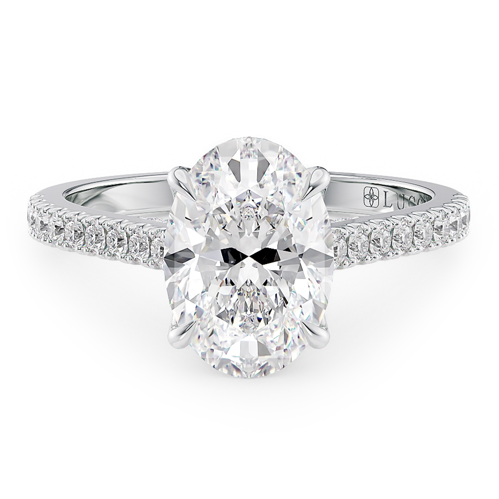 Load image into Gallery viewer, LUCCE Cathedral Oval Diamond Pavé Engagement Ring with Petal Prongs and Hidden Accent Stones in Gold or Platinum
