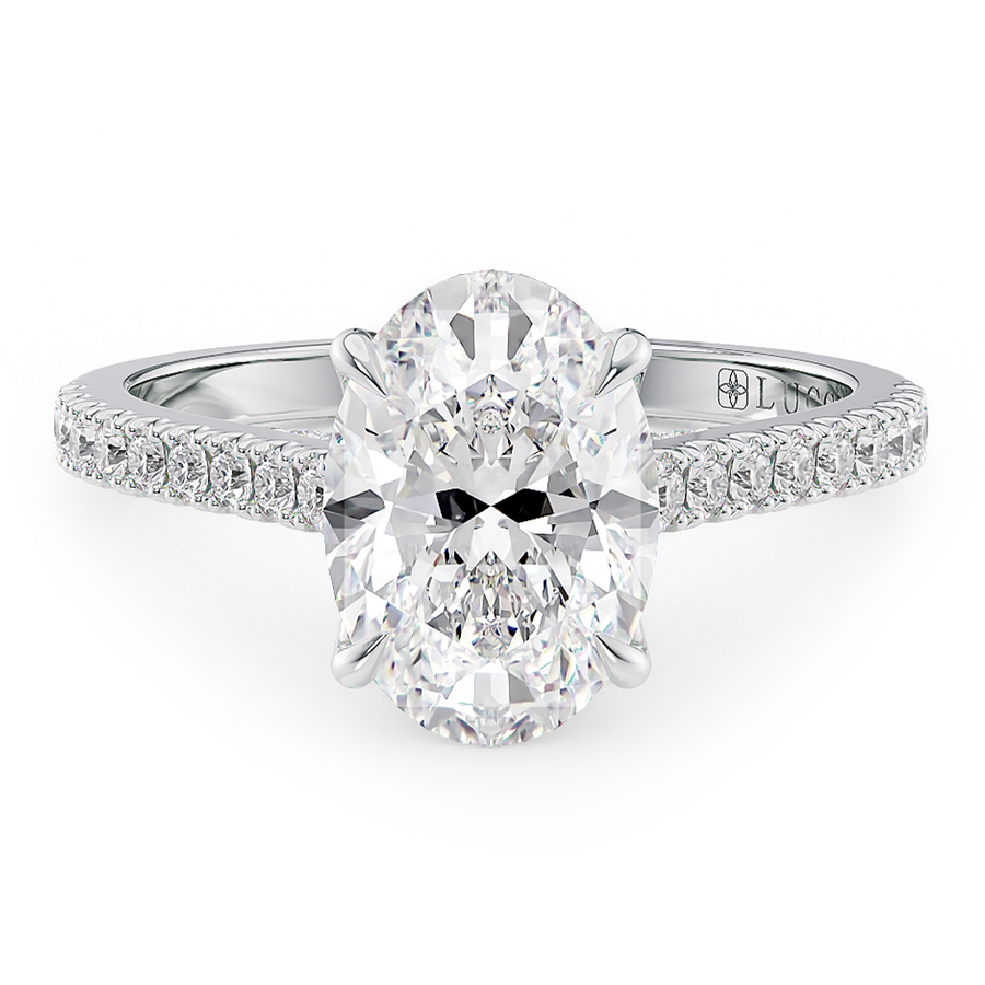 Load image into Gallery viewer, LUCCE Cathedral Oval Diamond Pavé Engagement Ring with Petal Prongs and Hidden Accent Stones in Gold or Platinum
