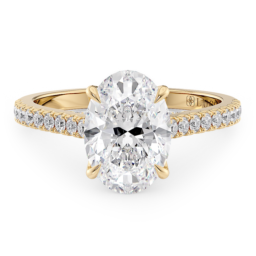 Load image into Gallery viewer, LUCCE Cathedral Oval Diamond Pavé Engagement Ring with Petal Prongs and Hidden Accent Stones in Gold or Platinum
