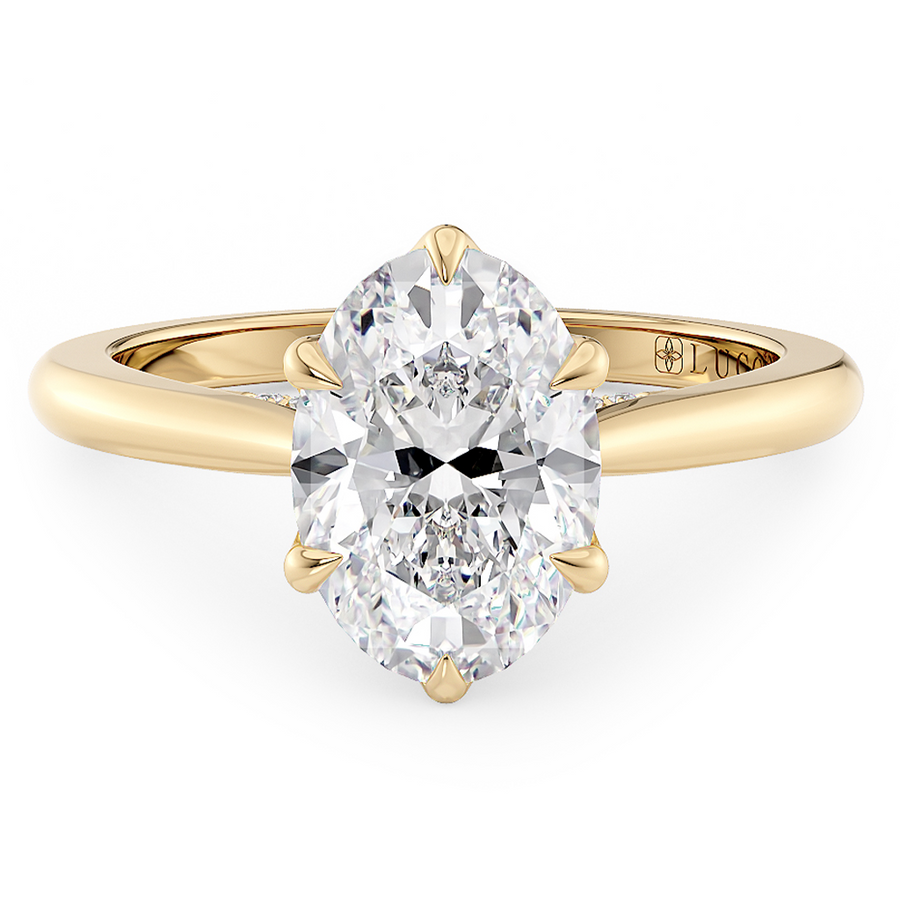 Load image into Gallery viewer, LUCCE Cathedral Oval Diamond Solitaire Engagement Ring with Petal Prongs and Hidden Accent Stones in Gold or Platinum
