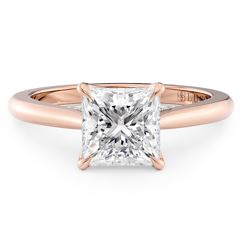 Load image into Gallery viewer, LUCCE Cathedral Oval Diamond Solitaire Engagement Ring with Petal Prongs and Hidden Accent Stones in Gold or Platinum
