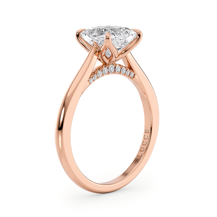 Load image into Gallery viewer, LUCCE Cathedral Oval Diamond Solitaire Engagement Ring with Petal Prongs and Hidden Accent Stones in Gold or Platinum
