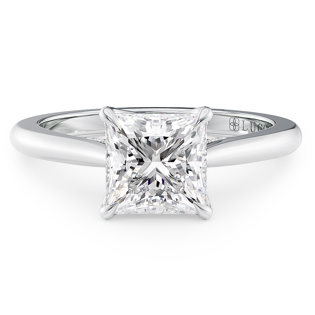 Load image into Gallery viewer, LUCCE Cathedral Oval Diamond Solitaire Engagement Ring with Petal Prongs and Hidden Accent Stones in Gold or Platinum
