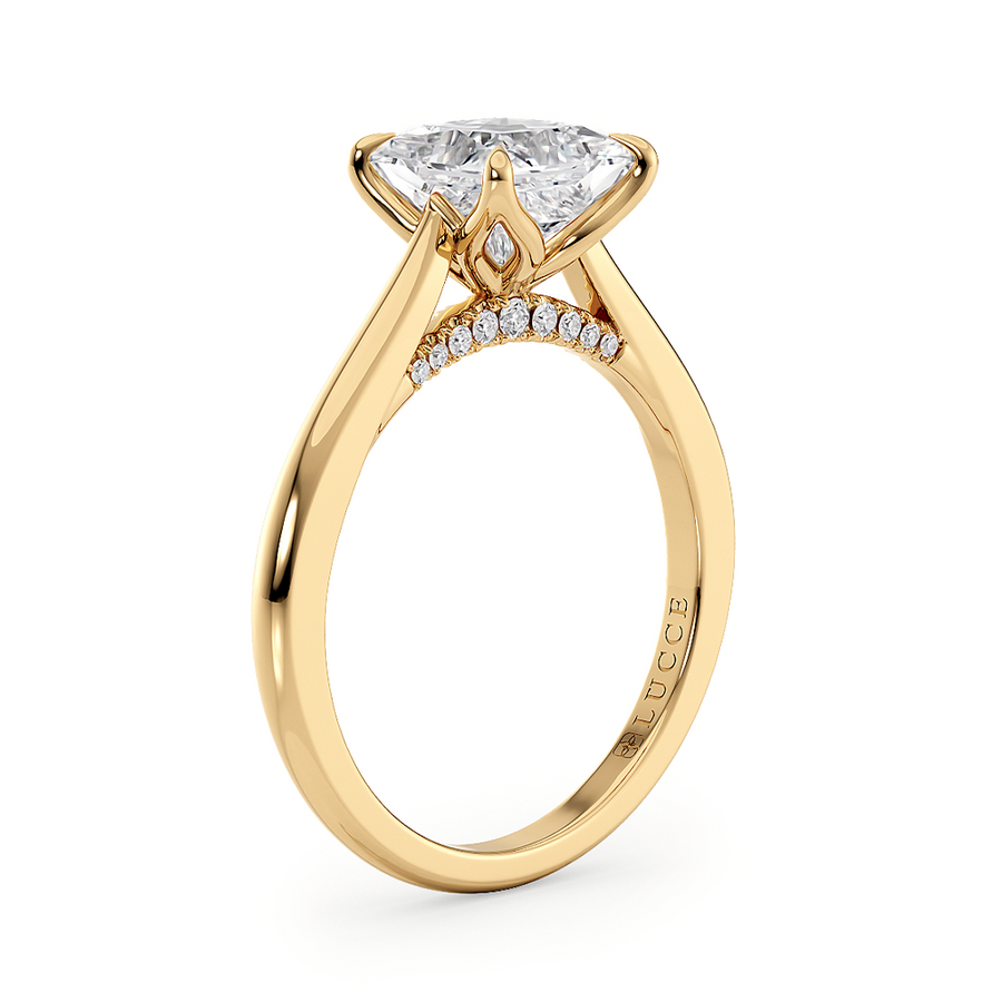 Load image into Gallery viewer, LUCCE Cathedral Oval Diamond Solitaire Engagement Ring with Petal Prongs and Hidden Accent Stones in Gold or Platinum
