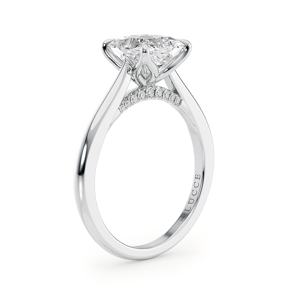 Load image into Gallery viewer, LUCCE Cathedral Oval Diamond Solitaire Engagement Ring with Petal Prongs and Hidden Accent Stones in Gold or Platinum
