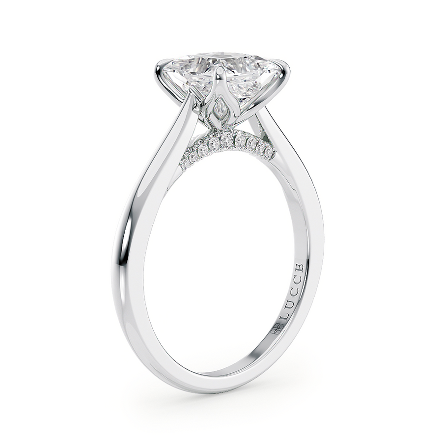 Load image into Gallery viewer, LUCCE Cathedral Oval Diamond Solitaire Engagement Ring with Petal Prongs and Hidden Accent Stones in Gold or Platinum
