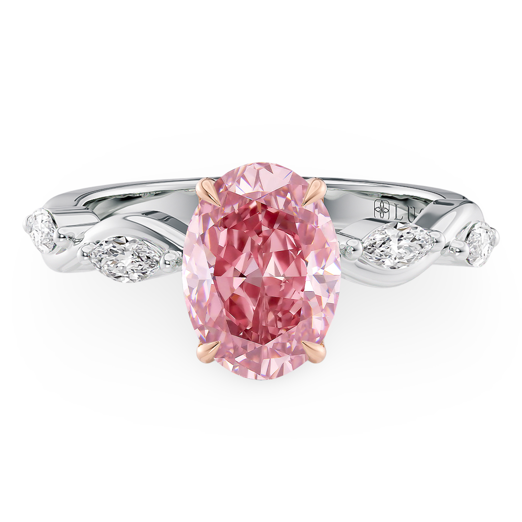 Load image into Gallery viewer, LUCCE ROSÉ Pink Oval Diamond Ring with Marquise Accents in Intertwining Vines and Petal Prongs Mid Setting Engagement Ring in Gold or Platinum 
