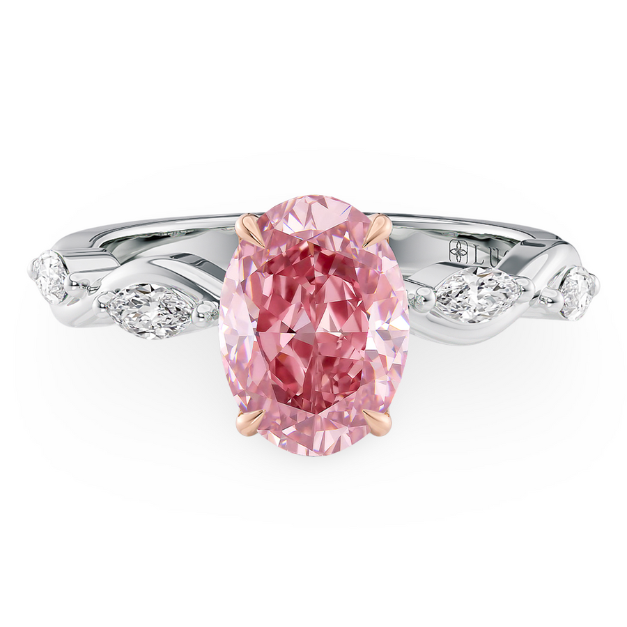 Load image into Gallery viewer, LUCCE ROSÉ Pink Oval Diamond Ring with Marquise Accents in Intertwining Vines and Petal Prongs Mid Setting Engagement Ring in Gold or Platinum 
