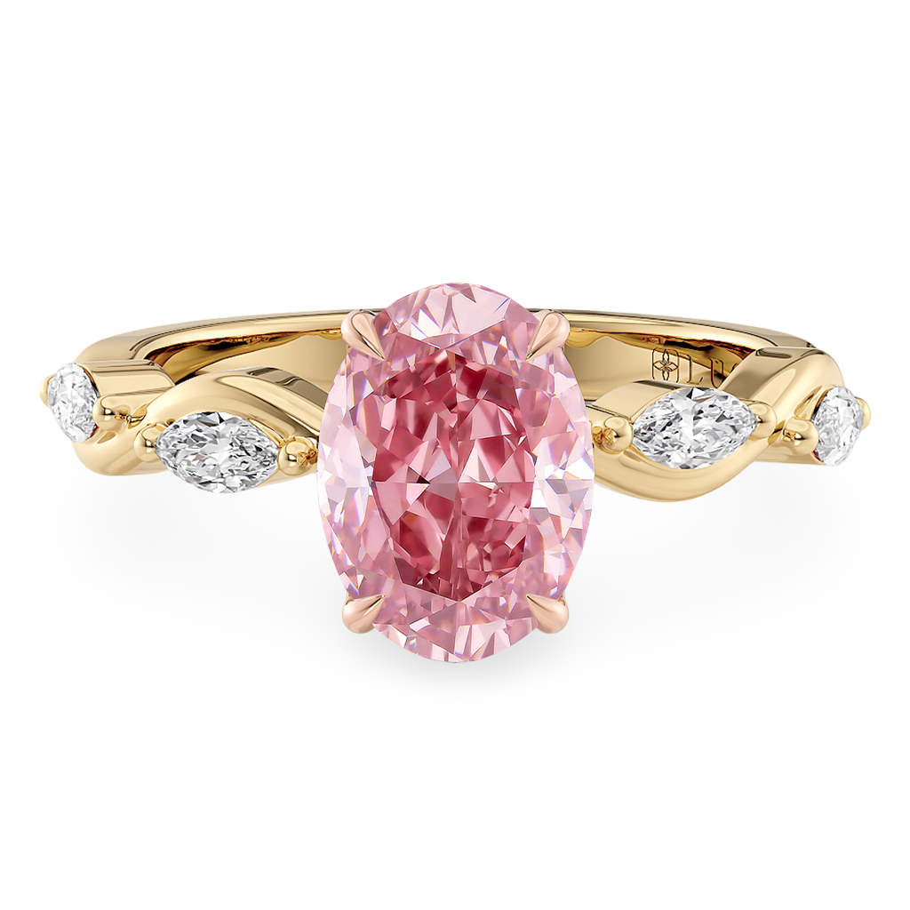 Load image into Gallery viewer, LUCCE ROSÉ Pink Oval Diamond Ring with Marquise Accents in Intertwining Vines and Petal Prongs Mid Setting Engagement Ring in Gold or Platinum 
