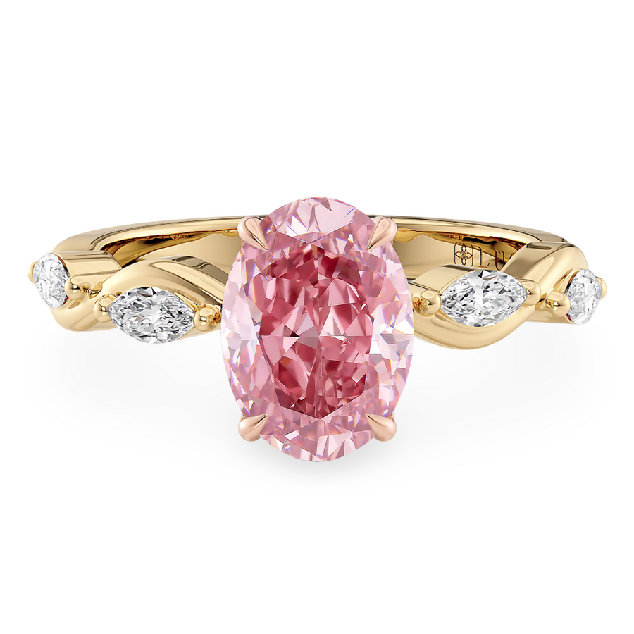 Load image into Gallery viewer, LUCCE ROSÉ Pink Oval Diamond Ring with Marquise Accents in Intertwining Vines and Petal Prongs Mid Setting Engagement Ring in Gold or Platinum 
