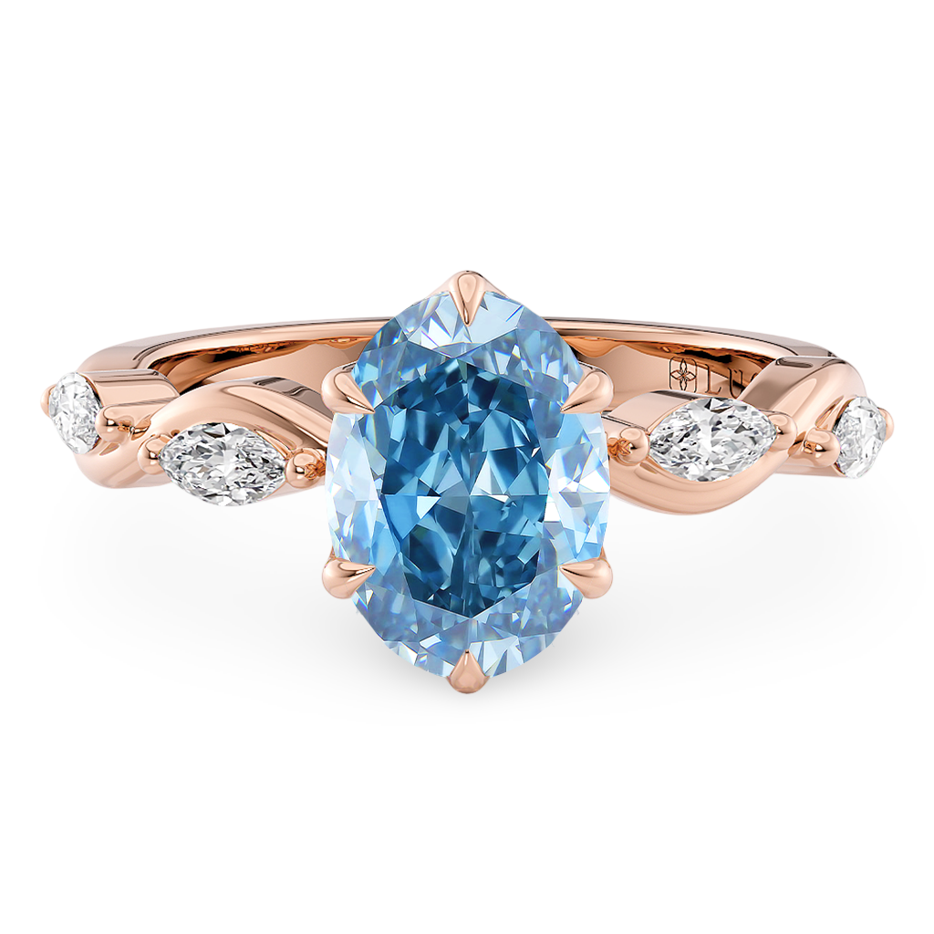 Load image into Gallery viewer, LUCCE OCEAN Blue Oval cut Diamond Ring with Marquise Accents in Intertwining Vines and Petal Prongs Mid Setting Engagement Ring in Gold or Platinum 
