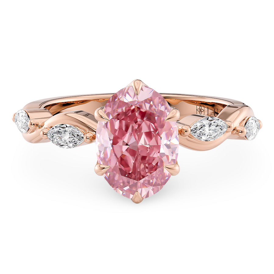 Load image into Gallery viewer, LUCCE ROSÉ Pink Oval cut Diamond Ring with Marquise Accents in Intertwining Vines and Petal Prongs Mid Setting Engagement Ring in Gold or Platinum 
