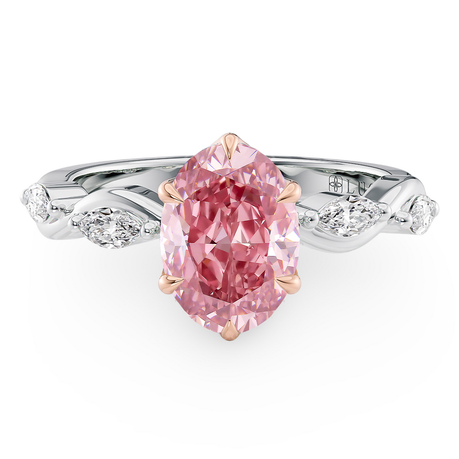 Load image into Gallery viewer, LUCCE ROSÉ Pink Oval cut Diamond Ring with Marquise Accents in Intertwining Vines and Petal Prongs Mid Setting Engagement Ring in Gold or Platinum 
