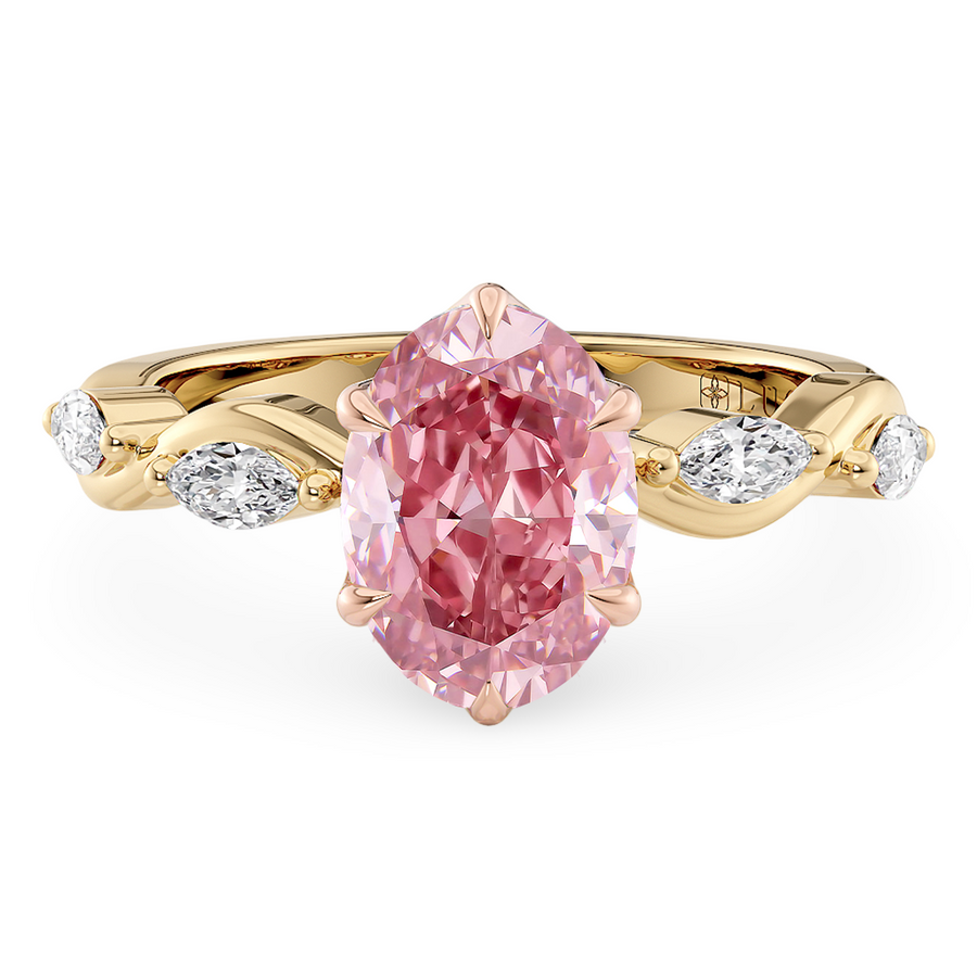 Load image into Gallery viewer, LUCCE ROSÉ Pink Oval cut Diamond Ring with Marquise Accents in Intertwining Vines and Petal Prongs Mid Setting Engagement Ring in Gold or Platinum 
