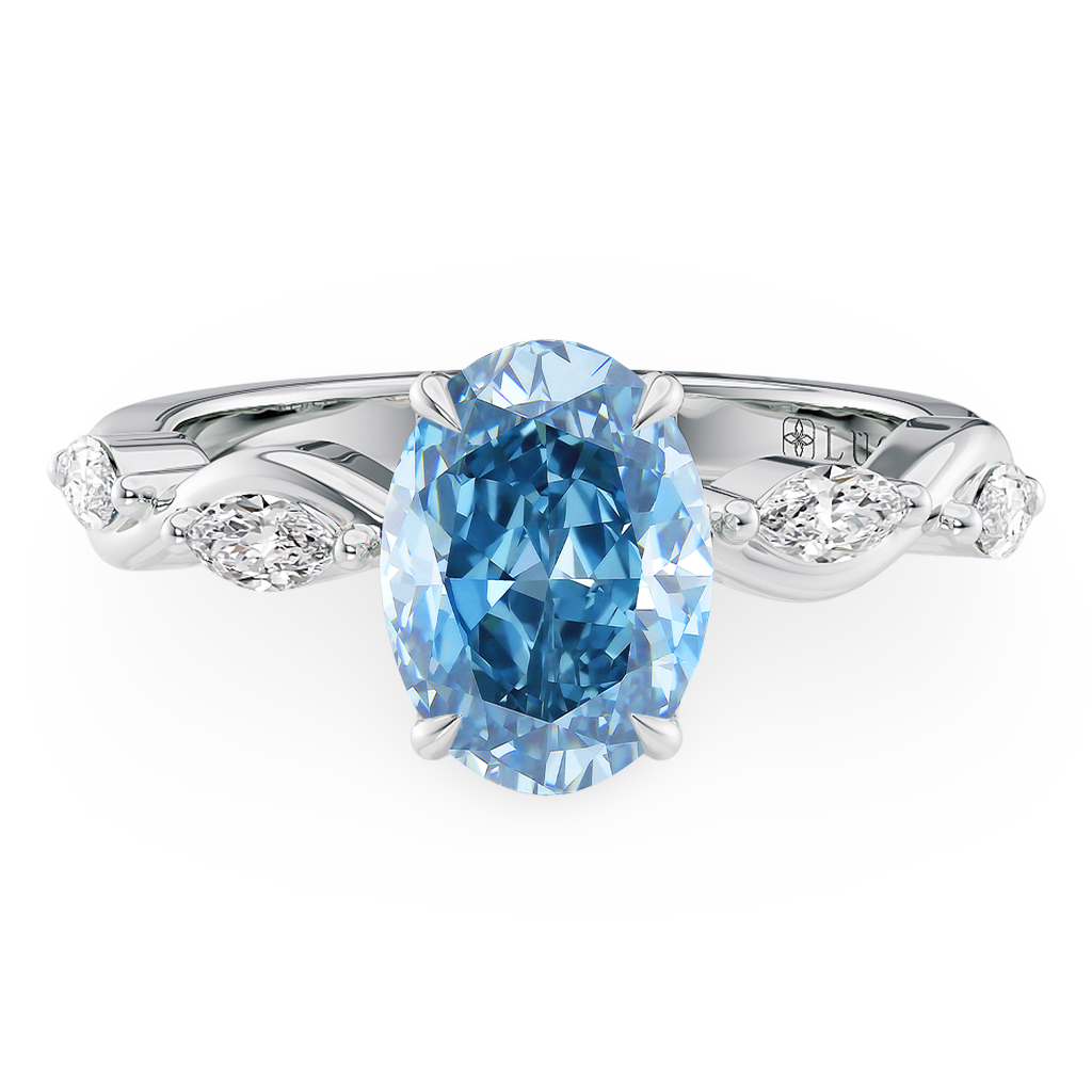 Load image into Gallery viewer, LUCCE Ocean Blue Oval Diamond Ring with Marquise Accents in Intertwining Vines and Petal Prongs Mid Setting Engagement Ring in Gold or Platinum 
