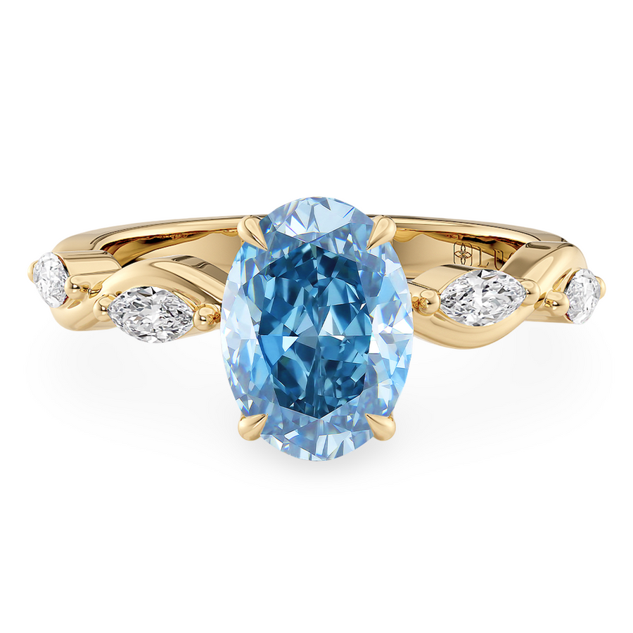 Load image into Gallery viewer, LUCCE Ocean Blue Oval Diamond Ring with Marquise Accents in Intertwining Vines and Petal Prongs Mid Setting Engagement Ring in Gold or Platinum 
